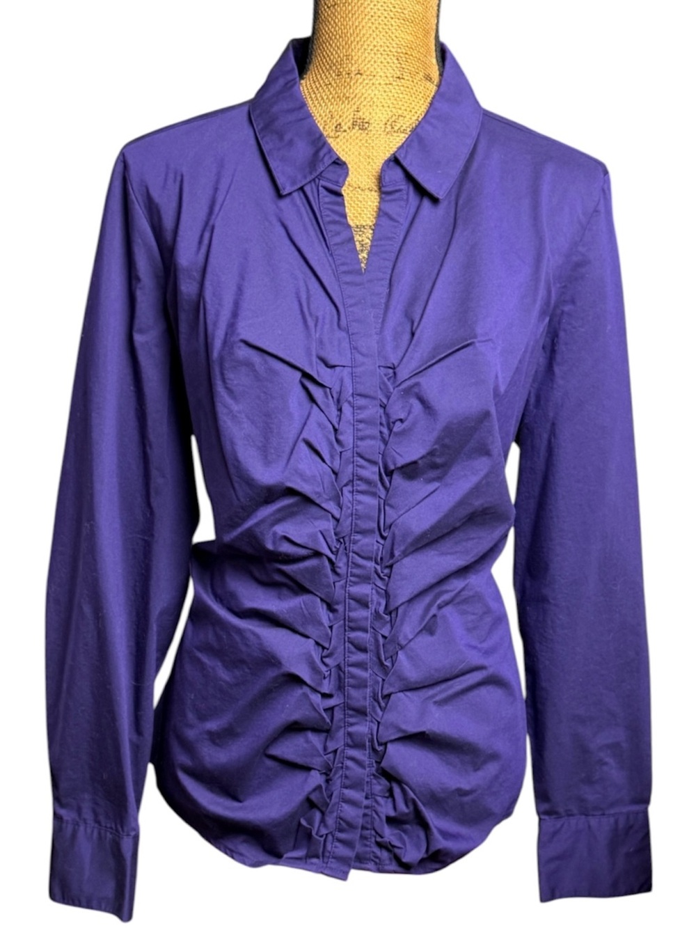 Worthington Stretch purple button down shirt w/ruffle at buttons Women’s XL | gg